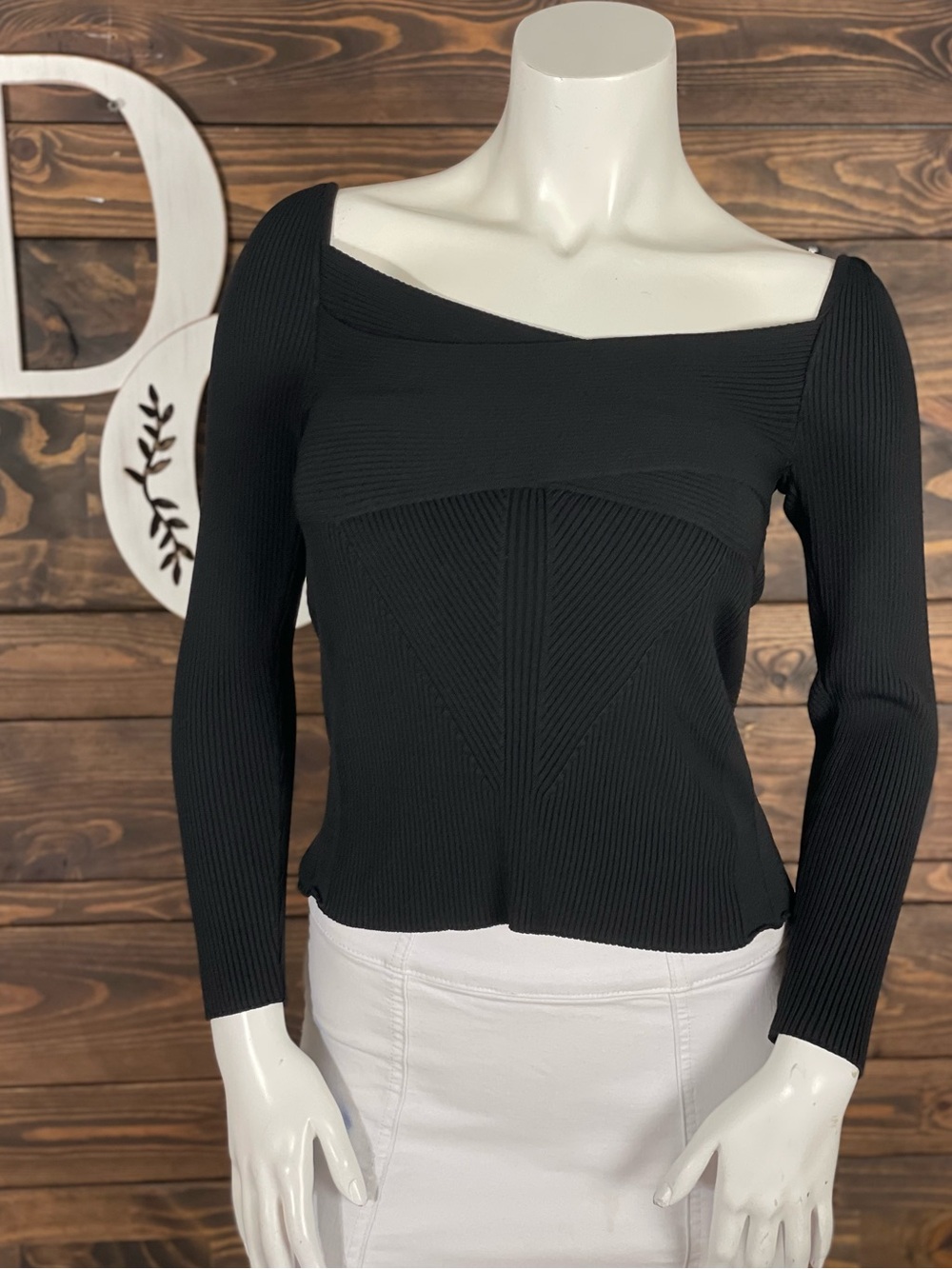 PINKO | Ribbed Black Wrap Square-Neck Long Sleeve Knit Blouse Cap Puff Sleeves